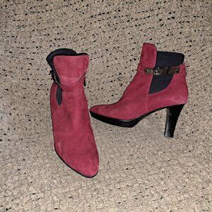 AQUATALIA-Ankle Booties-Dark Red Suede-Side Zip-Decorative Buckle-Sz 6-Near Mint